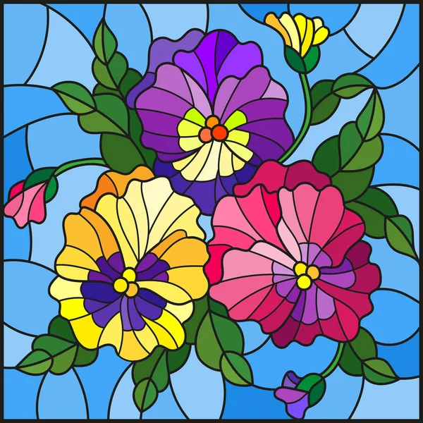 Çiçekler, tomurcukları, yaprak ve çiçek pansy, vitray stiliyle çizimde