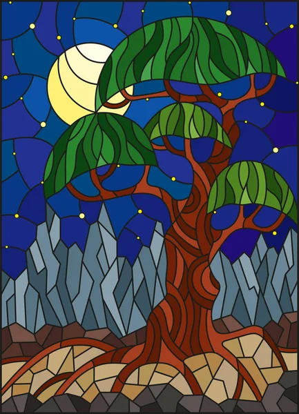 Ilustración en estilo vitral con árbol abstracto verde sobre el fondo del cielo estrellado, la luna y la montaña — Archivo Imágenes Vectoriales