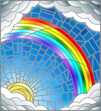 Vitray stil güneş, gökkuşağı ve mavi gökyüzü arka plan üzerinde bulutlar çizimde
