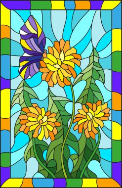 Vitray tarzı çiçek karahindiba ve parlak bir çerçeve içinde mavi bir arka plan üzerinde Kelebek çizimde