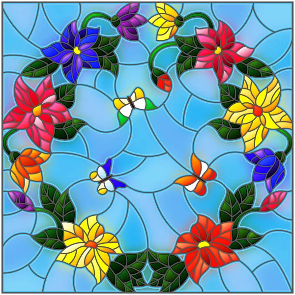 Illustratie in gebrandschilderd glas stijl met heldere gekleurde bloemen in een cirkel en vlinders op een blauwe achtergrond — Stockvector