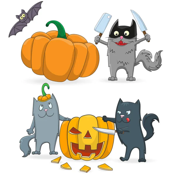 Un conjunto de dibujos animados sobre el tema de Halloween, gatos divertidos cortan calabaza aislada sobre un fondo blanco — Vector de stock