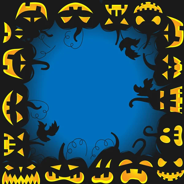 L'image de fond pour Halloween, la citrouille avec différents visages dans un espace circulaire pour les étiquettes au milieu — Image vectorielle