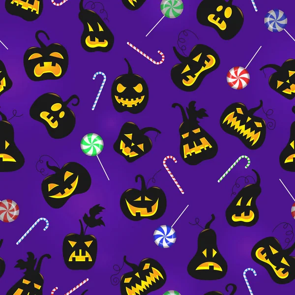 Patrón sin costuras sobre el tema de Halloween, calabazas con caras y dulces sobre un fondo púrpura oscuro — Vector de stock