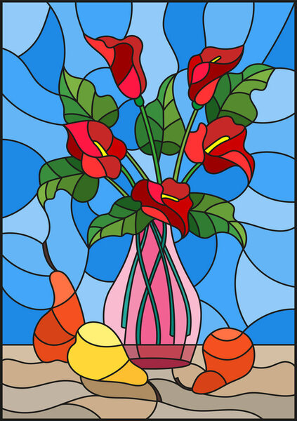Illustration in stained glass style with bouquets of red Calla lilies flowers in a pink vase and pears on table on blue background