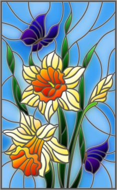 Sarı nergis ve mavi bir arka plan üzerinde mavi kelebekler vitray tarzı bir buket ile çizimi