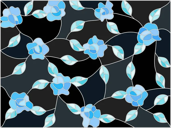 Illustration im Stil der Glasmalerei mit ineinander verschlungenen blauen Rosen und Blättern auf dunklem Hintergrund — Stockvektor