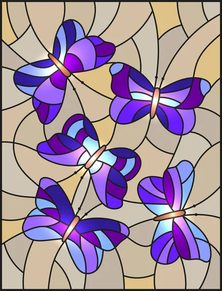 Ілюстрація в стилі вітража з фіолетовими абстрактними метеликами на коричневому фоні — стоковий вектор