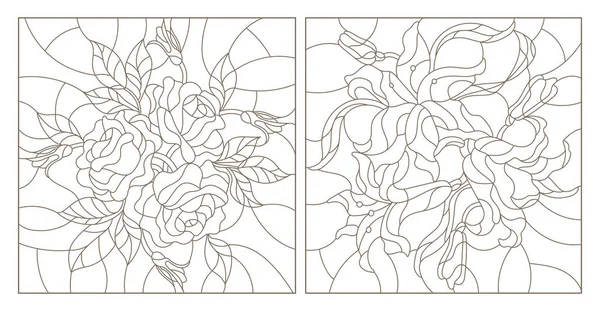 设置轮廓插图的彩色玻璃花、 百合和玫瑰 — 图库矢量图片