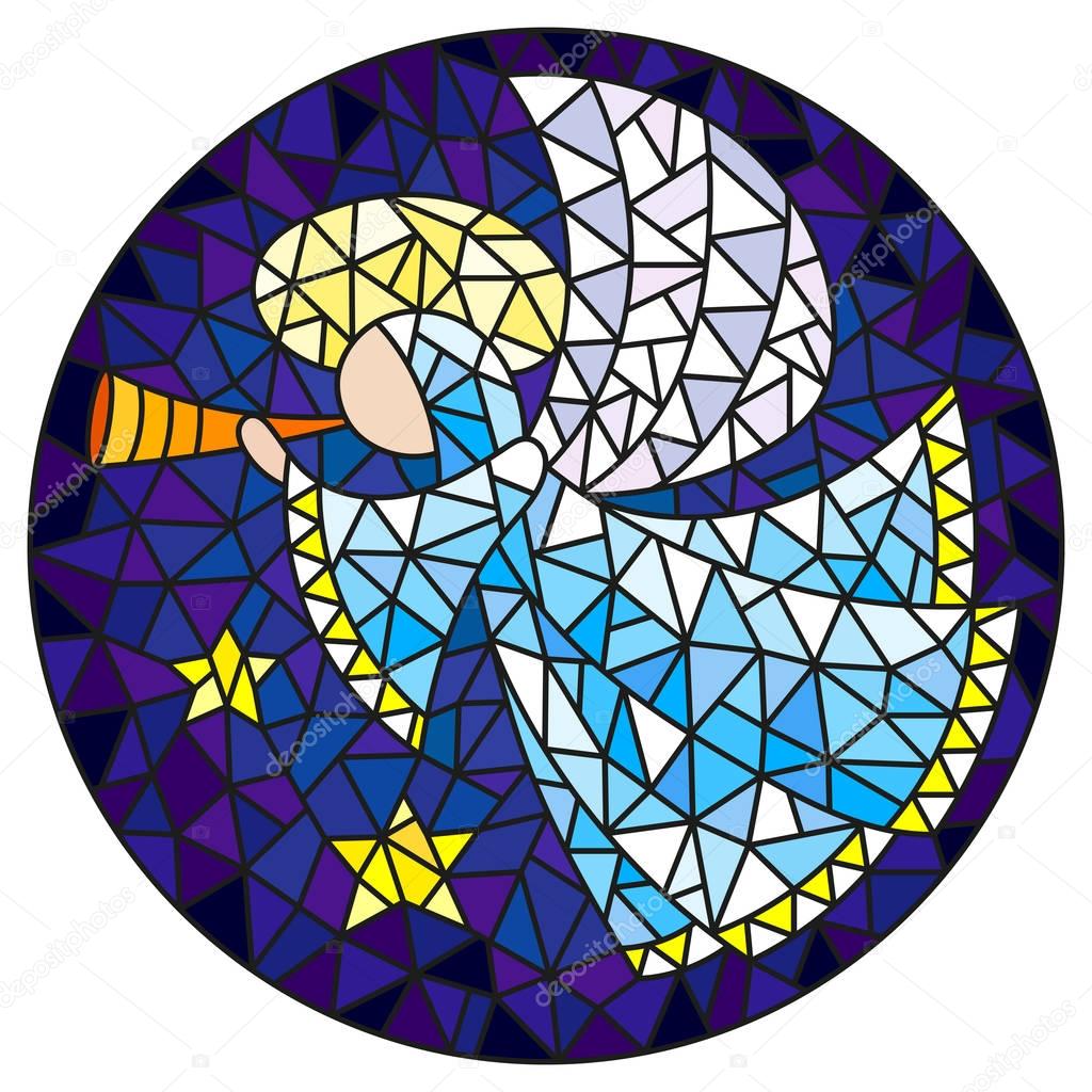 Illustration in stained glass style with an abstract angel in pink robe blowing pipe , round picture
