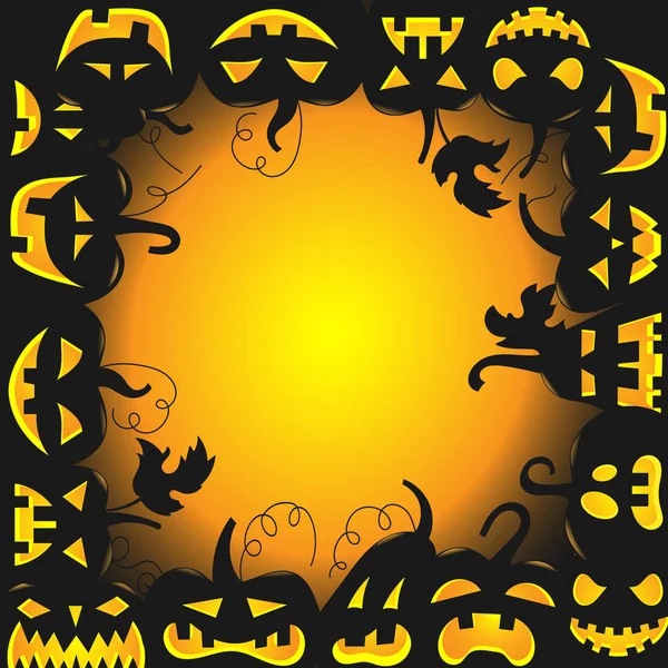 L'image de fond pour Halloween, la citrouille avec différents visages dans un espace circulaire pour les étiquettes au milieu — Image vectorielle