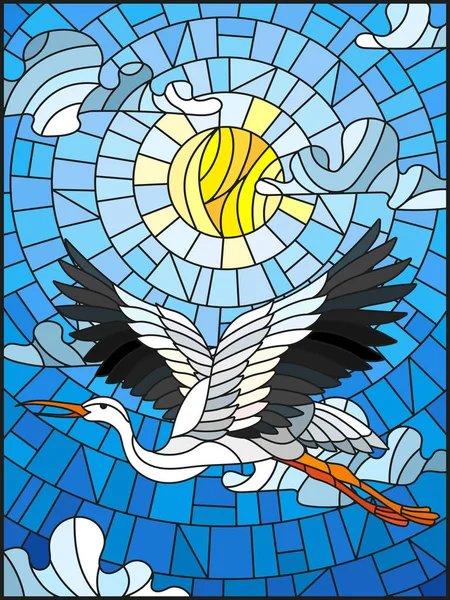 Çizimde vitray stil leylek arka planda gökyüzü, güneş ve bulutlar