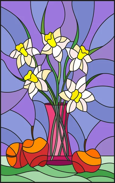 Иллюстрация в витражном стиле с букетами цветов Нарцисса в розовой вазе и яблоками на столе на фиолетовом фоне — стоковый вектор