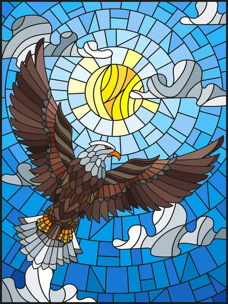 Illustration in stained glass style eagle on the background of sky, sun and clouds — Stock Vector