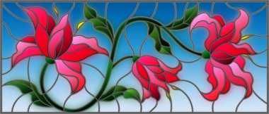 llustration çiçekler, yapraklar ve mavi bir arka plan üzerinde pembe lilyum tomurcukları ile vitray tarzında