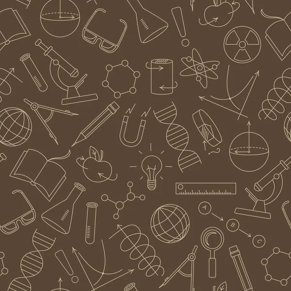Wzór na temat nauki i wynalazków, diagramy, wykresy i sprzęt, beżowy proste konturu ikony na brązowym tle — Wektor stockowy