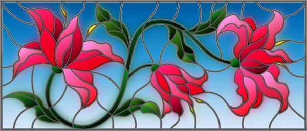 llustration çiçekler, yapraklar ve mavi bir arka plan üzerinde pembe lilyum tomurcukları ile vitray tarzında