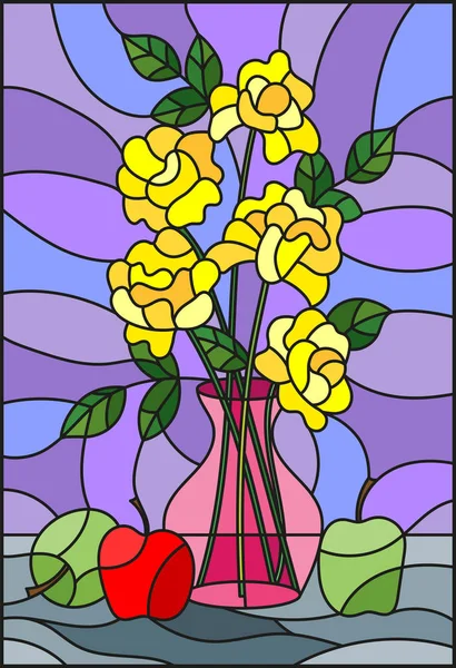 Ilustración en estilo vidriera con ramos de rosas amarillas flores en un jarrón rosa y manzanas sobre tabla sobre fondo púrpura — Vector de stock