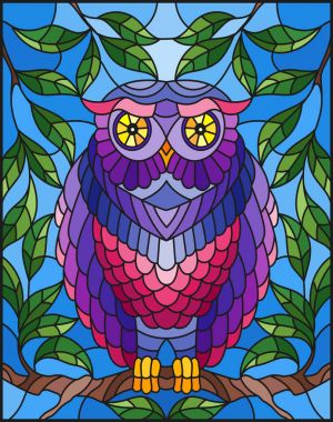 Bir ağaç dalı gökyüzüne karşı oturup muhteşem renkli baykuş stiliyle vitray çizimde