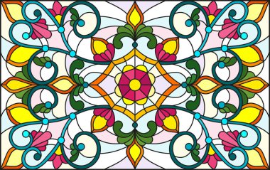 İllüstrasyon soyut swirls, vitray tarzında çiçekler ve hafif bir arka plan üzerinde yatay yönlendirme bırakır