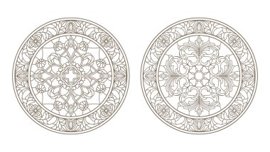 Vitray, vitray çiçek, karanlık Anahat Beyaz bir arka plan üzerinde yuvarlak kontur çizimleri ayarla