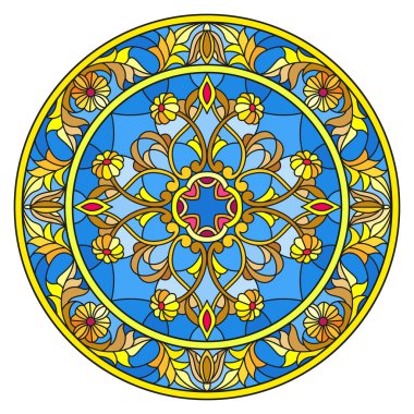 Vitray stil, ayna görüntüsü çiçek süs eşyaları ve swirls ile yuvarlak resimde