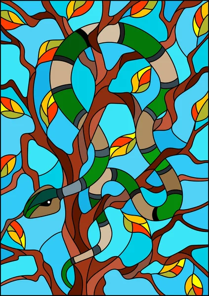 Illustration i stil av målat glas med färgglada orm på trädet på blå bakgrund — Stock vektor
