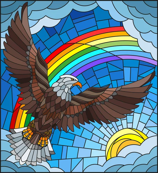 Illustrazione in stile vetrate con un'aquila sullo sfondo di cielo, sole, nuvole e arcobaleno — Vettoriale Stock