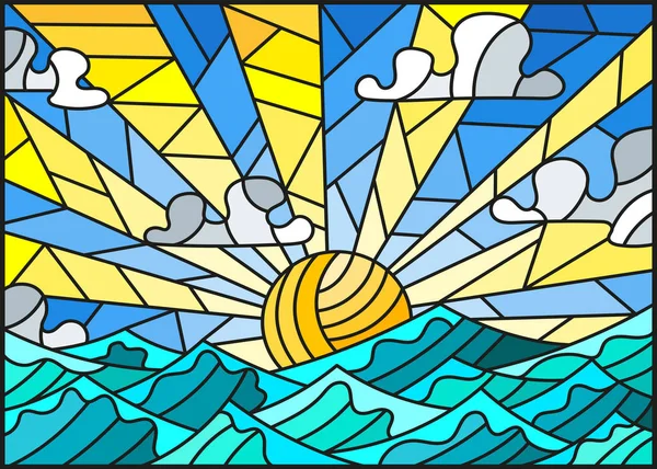 Ілюстрація у вітражному стилі з морським пейзажем, морем, хмарою, небом і сонцем — стоковий вектор