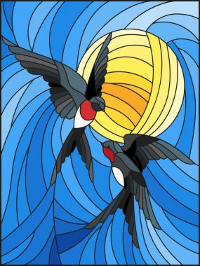 Vitray çizimde stil yutar çifti bir gökyüzü ve güneş arka plan üzerinde