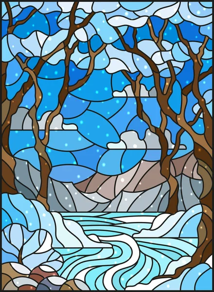 Çizimde vitray stili arka planda donmuş bir dere ile gökyüzü, karlı dağlar, ağaçlar ve alanları