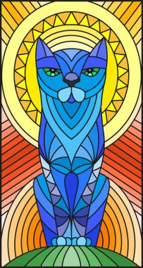 İllüstrasyon soyut mavi geometrik kedi ile vitray tarzında