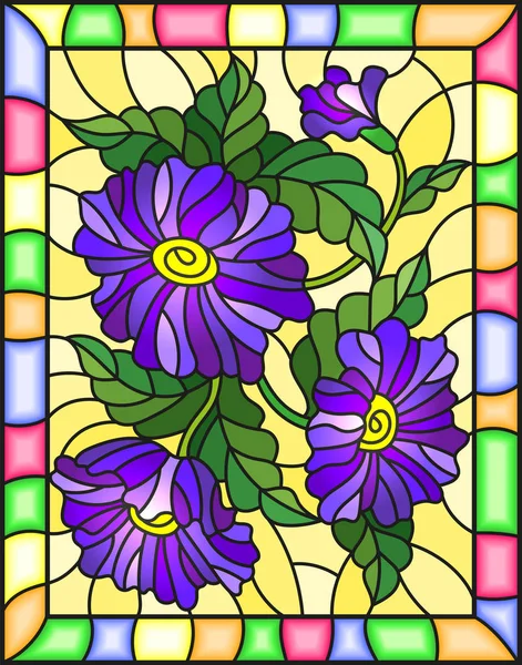Illustration en vitrail avec des fleurs, des feuilles et des bourgeons de fleurs violettes sur un fond jaune avec un cadre lumineux — Image vectorielle