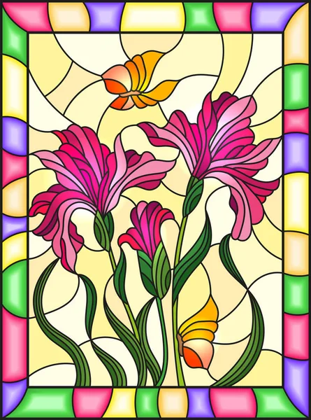 Ilustración en estilo vitral con un ramo de iris rosados y mariposas sobre un fondo amarillo en un marco brillante — Vector de stock