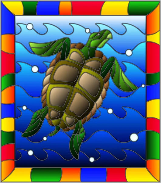 Vitray stil kaplumbağa çizimde dalgalar ve parlak bir çerçeve içinde hava kabarcıkları
