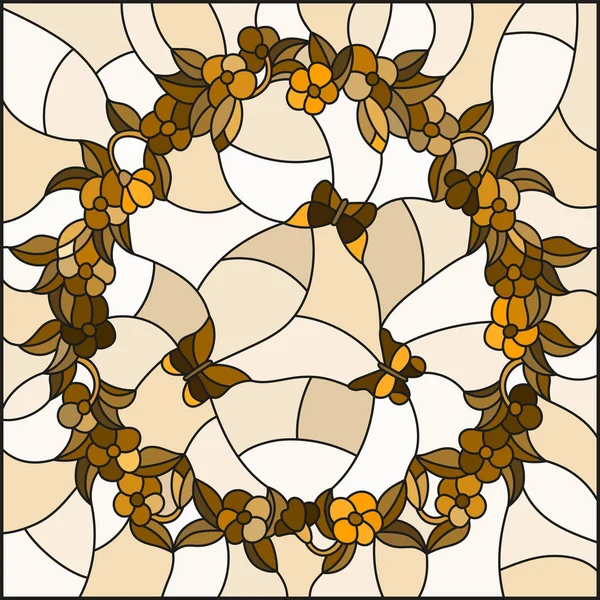 Ilustración en estilo vitral con flores en círculo y mariposas, tono marrón, Sepia — Vector de stock