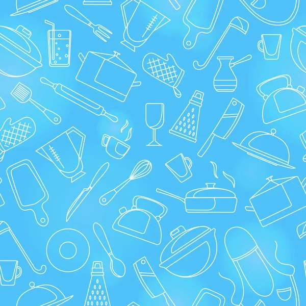 Yemek ve mutfak gereçleri, basit kontür simgeler, mavi zemin üzerine beyaz kontur konulu seamless modeli