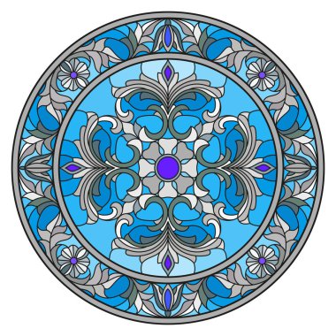 Vitray stil, ayna görüntüsü çiçek süs eşyaları ve swirls ile yuvarlak resimde