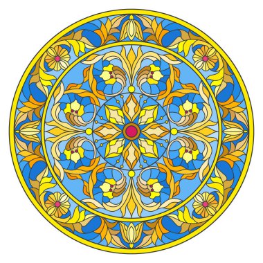 Vitray stil, ayna görüntüsü çiçek süs eşyaları ve swirls ile yuvarlak resimde