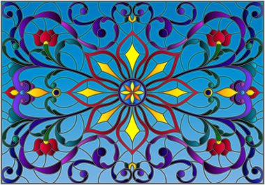 Mavi arka planda soyut girdaplar, çiçekler ve yapraklar ile boyalı cam tarzında resim, yatay yönelim