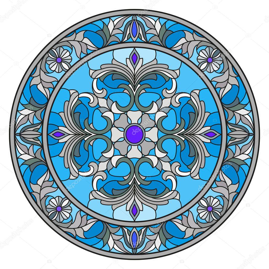 Illustration in stained glass style, round mirror image with floral ornaments and swirls