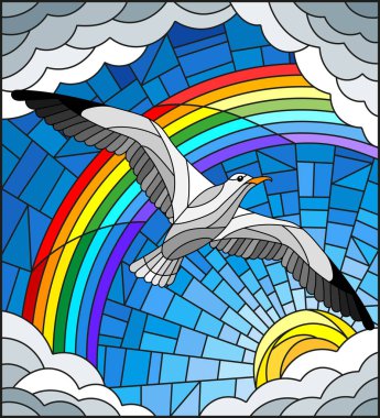 Arka planda bir martı stiliyle vitray çizimde gökyüzü, güneş, bulutlar ve gökkuşağı
