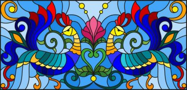 Vitray stil horozlar, çiçekler ve desenler mavi arka plan, yatay görüntü üzerinde bir çift ile resimde