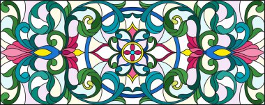 İllüstrasyon soyut swirls, vitray tarzında çiçekler ve hafif bir arka plan üzerinde yatay yönlendirme bırakır