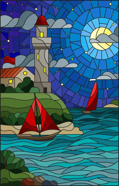 Ілюстрація у вітражному стилі з видом на море, трьома кораблями та берегом з маяком на фоні зоряної нічної хмари, місяця та моря — стоковий вектор