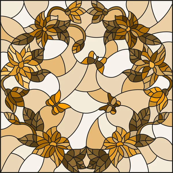 円、蝶、セピア色のトーンの花ステンド グラス風イラスト — ストックベクタ