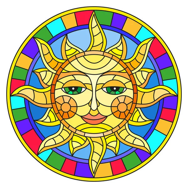 Ilustrace ve stylu barevného okna s abstraktním sluncem v jasném rámečku, kulatý obraz — Stockový vektor