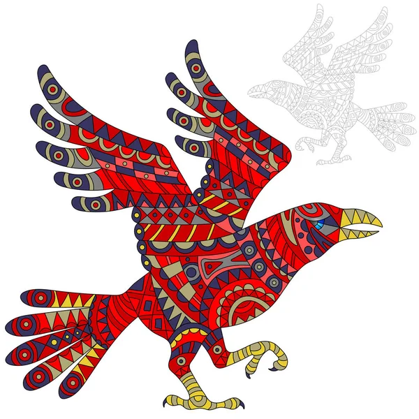 Ilustración de cuervo rojo abstracto, pájaro y pintado su contorno sobre fondo blanco, aislar — Vector de stock