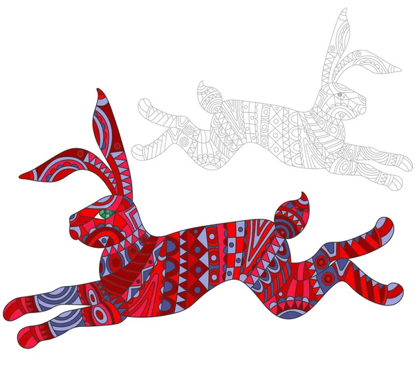 İllüstrasyon soyut kırmızı tavşan, tavşan ve anahattını beyaz zemin üzerine boyalı, izole