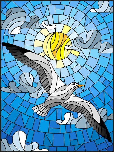 Ilustración en estilo vidriera una gaviota en el fondo del cielo, el sol y las nubes — Archivo Imágenes Vectoriales